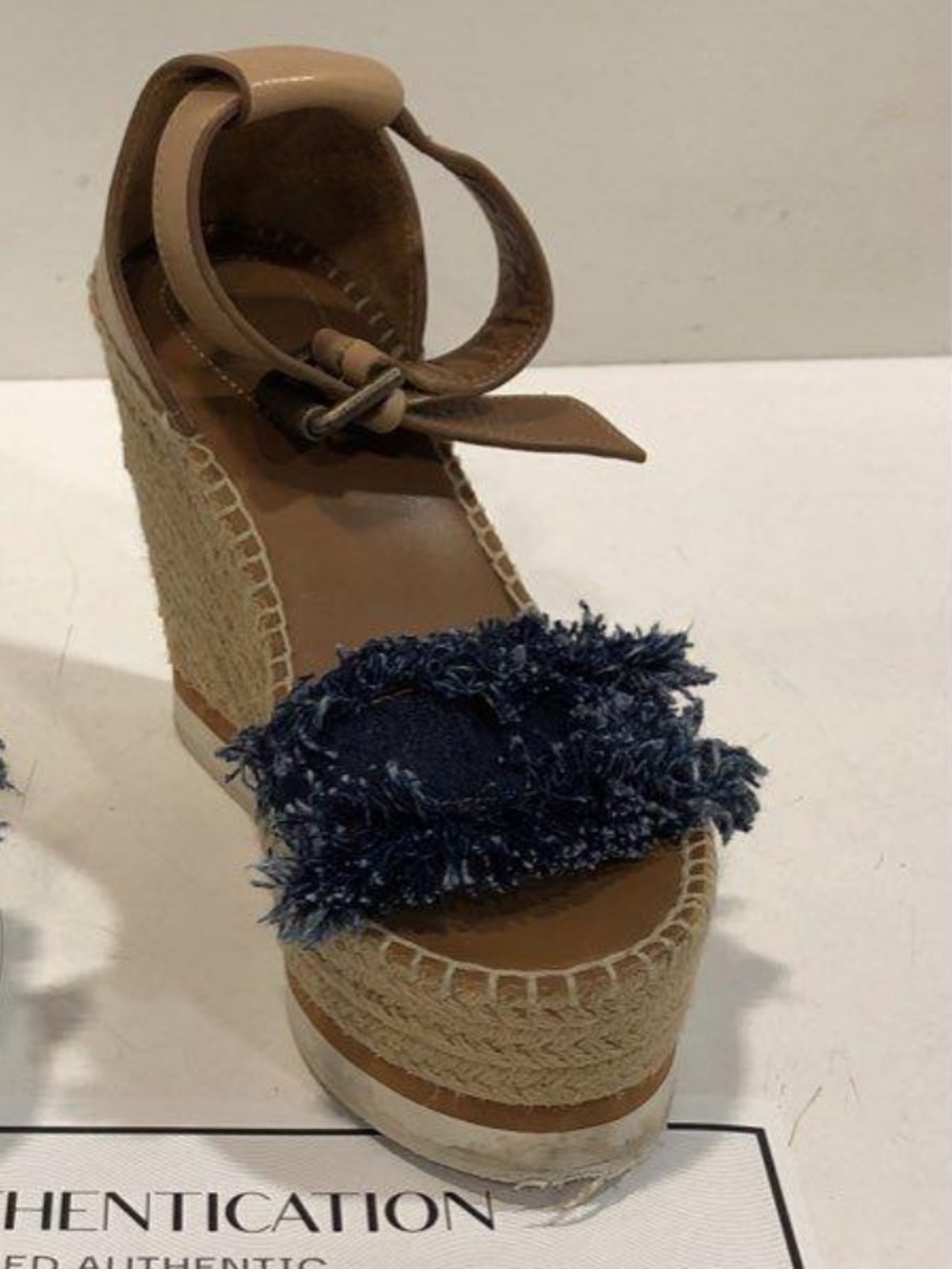 Women’s See By Chloe Wedge Espadrille Sandals with Frayed Denim Strap Size 38